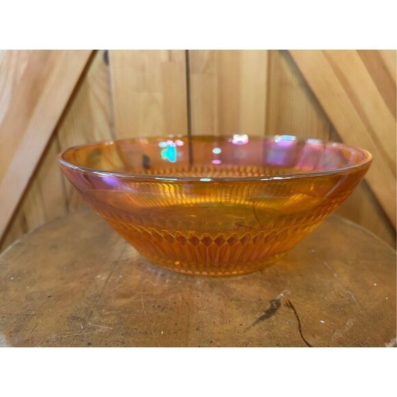 Jeanette Anniversary Serving Bowl Marigold Carnival Glass Iridescent Vintage (84 - Picture 3 of 11